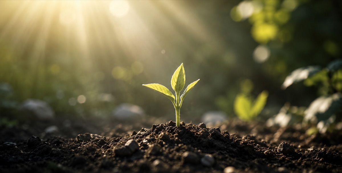 En liten grön planta som växer upp ur jorden med solljus bakom